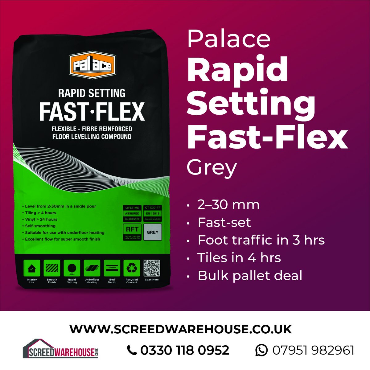 Get your subfloors level-fast with Palace Fast-Flex.
Foot traffic allowed after just 3 hours, tiles ready in 4 hours, &amp; full floor coverings after 24 hours.
Order your pallet now at screedwarehouse.co.uk/product/palace… 

#PalaceChemicals #FastFlex #FloorLeveller 
<a href="/palacechemicals/">Palace Chemicals</a>