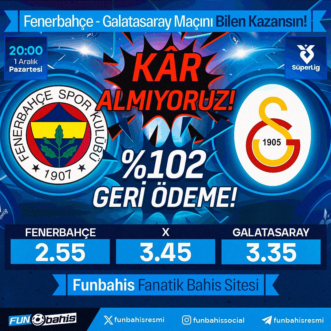 funbahisresmi's tweet photo. 🔔DERBİ ÖZEL ORAN 🔔

Fenerbahçe 2.55 - 3.35 Galatasaray @FBvGS 

En yüksek oranlar Funbahis’te!

Kar Almıyoruz!
%102 Geri Ödeme

Maksimum bahis limiti yok! 🚀

https://t.co/Wrp8KjBzDC https://t.co/zlLdaRV7oW