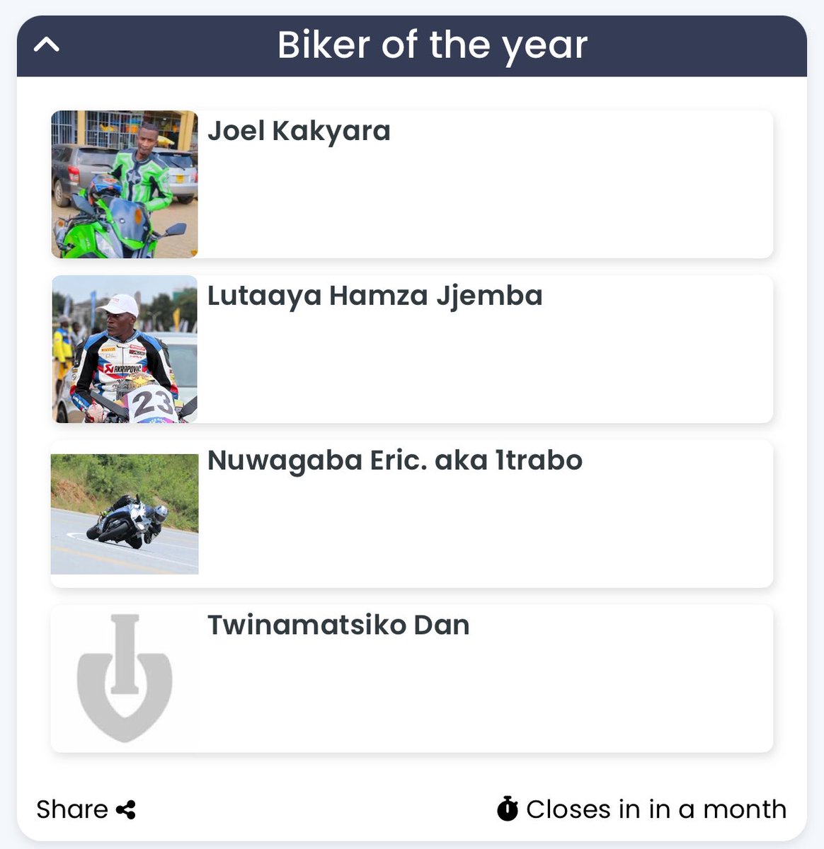 KwikirizaNova's tweet photo. Friends, most of you must remember this guy. He’s called Nuwagaba Eric aka 1trabo and his account is @ErycMylez .

He was one of the Late Saad’s best friends and that’s how we met. I later got to know him more, and he’s a good guy.

He’s was nominated in the FMU Annual Awards in the category of “ Biker of the year”. Kindly tap the link below and vote for him👇

https://t.co/YnnQZDCWze. Let’s do this guy🙏