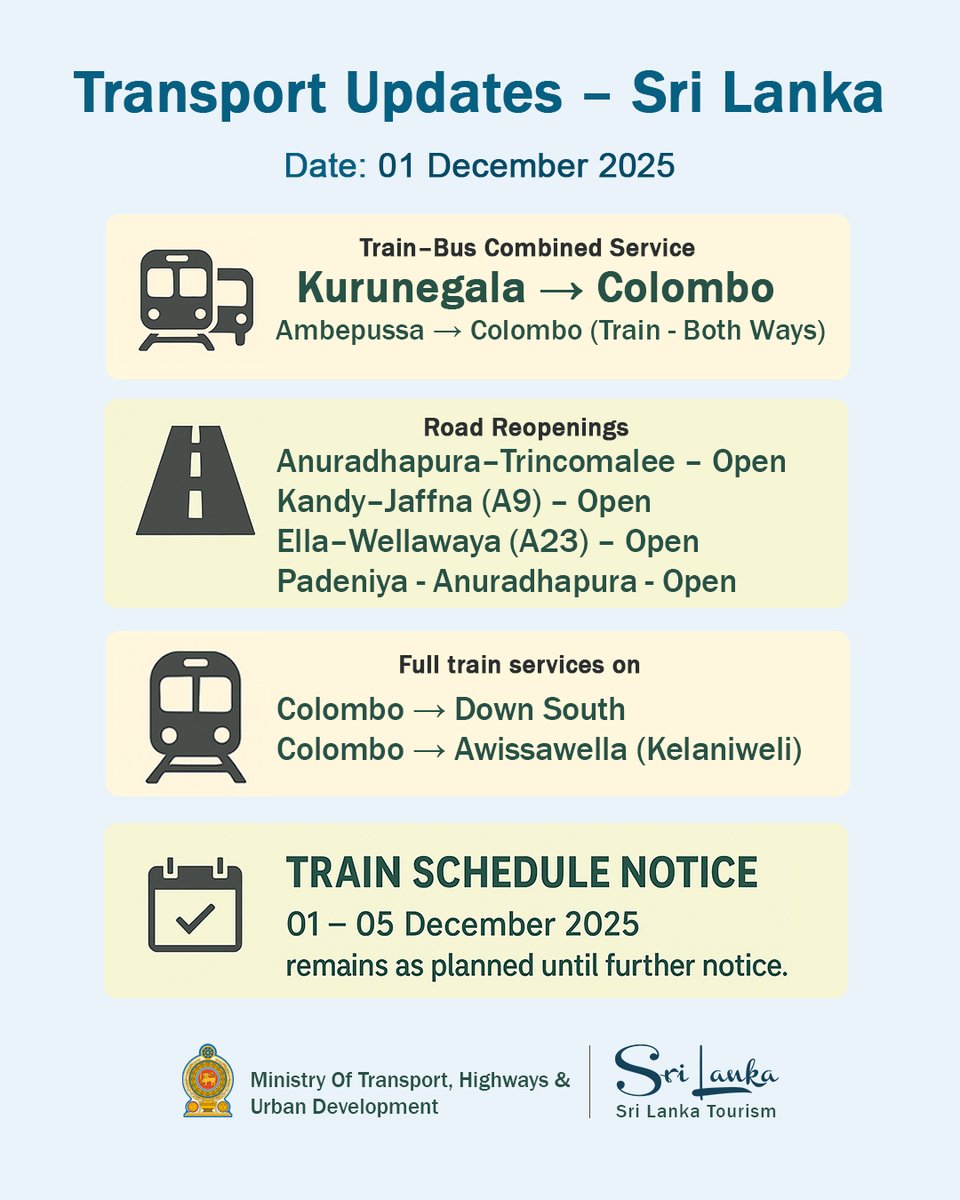 Essential transport updates for travellers across Sri Lanka. Please stay informed and travel safely.
#SriLankaTravel #TransportUpdate #SriLankaRailways #RoadUpdate #TravelSafe #srilankatourism