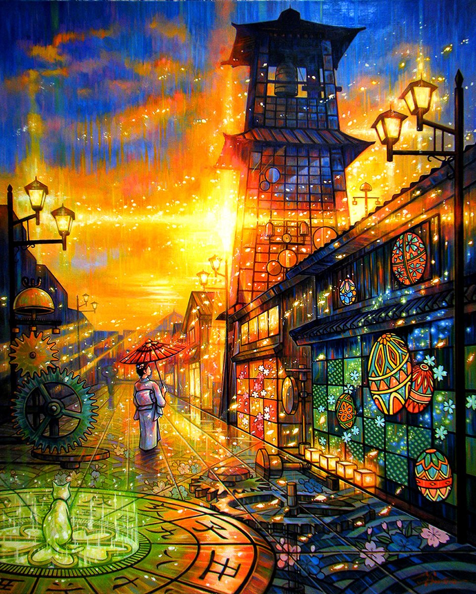 油絵 サイズ：F30 #川越 #時の鐘 #和 #時計 #猫 #夕焼け #風景 #油絵