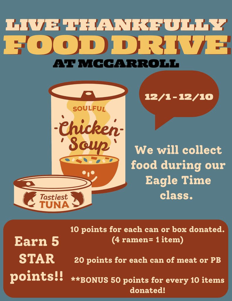 Decatur_MMS's tweet image. The Live Thankfully food drive begins today.  See the flyers for requested items.  Bring donations to your Eagletime classroom.  Students will also earn 5 Star Points for each item donated.