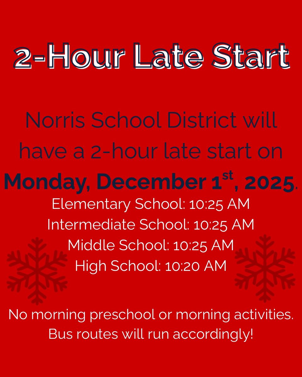 2 Hour Late Start Today. Please be careful getting to school and wear a warm coat with a hat &amp; gloves! Bbbrrrrrrrrr! ❄️ 
<a href="/BritSullivan10/">Brittany Sullivan</a>