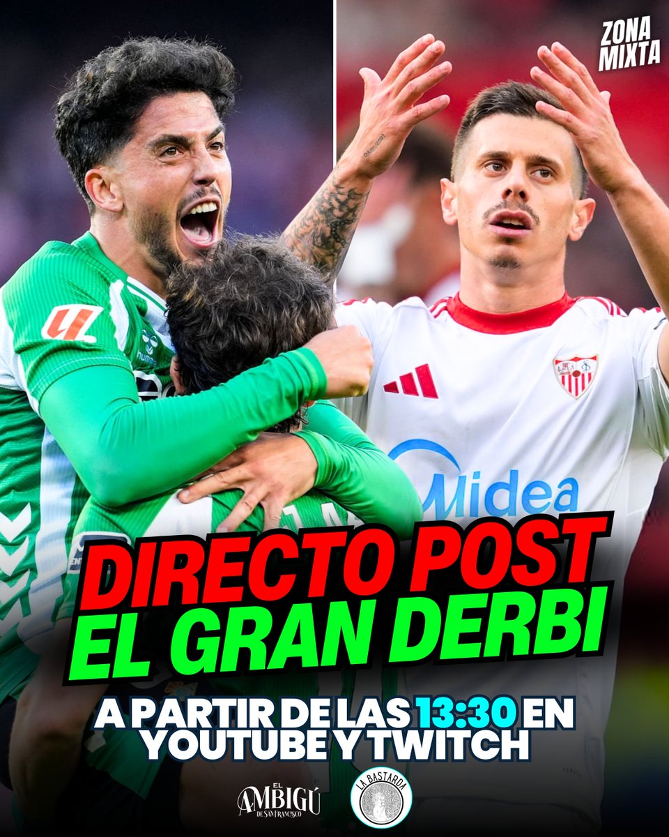 🚨🔴🟢 DIRECTO POST EL GRAN DERBI DESDE LAS 13:30

🍽️ Desde el Restaurante La Bastarda con... , <a href="/JulioMartin97/">Julio Martín</a>, <a href="/lunalejandr0/">Alejandro Luna</a>, <a href="/jmrodriguezper/">José Manuel Rodríguez</a>, <a href="/PABL0SA/">Pablo(sa) Sánchez</a> y <a href="/14eduSanina/">Edu Saniña</a>.

📌 Debate y análisis de la victoria del <a href="/RealBetis/">Real Betis Balompié 🌴💚</a> al <a href="/SevillaFC/">Sevilla Fútbol Club</a> en #ElGranDerbi.

📺 youtube.com/@ZonaMixta_