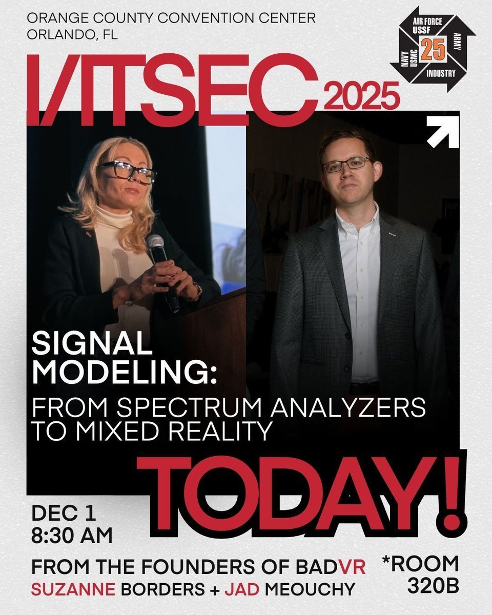 It's time for <a href="/iitsec/">I/ITSEC</a> 2025 &amp; we’re kicking things off BIG!

This morning, our founders Suzanne Borders and Jad Meouchy are leading a special tutorial:

“Signal Modeling: From Spectrum Analyzers to Mixed Reality”
📅 8:30–10:00 AM |  Room 320B

🔗 IITSEC.org

#iitsec