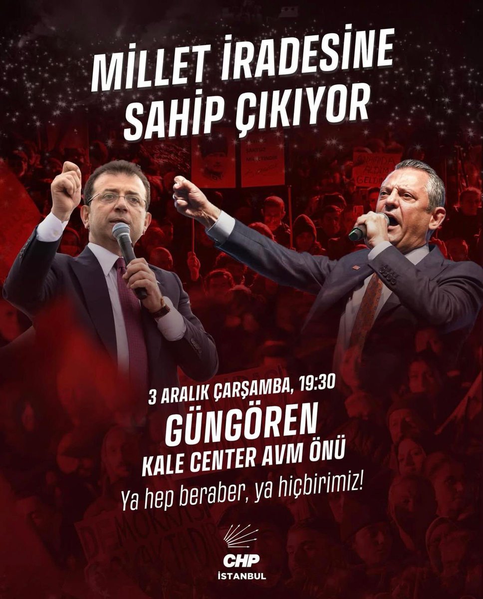 Adalet mücadelemiz sürüyor!

Genel Başkanımız Özgür Özel öncülüğünde, Cumhurbaşkanı adayımız Ekrem İmamoğlu ve tüm yol arkadaşlarımıza özgürlük için buluşuyoruz.

Tarih: 3 Aralık Çarşamba
Saat: 19.30
Adres: Güngören - Kale Center Avm Önü

Araçlarımız 17.00’da Eski Kartalspor