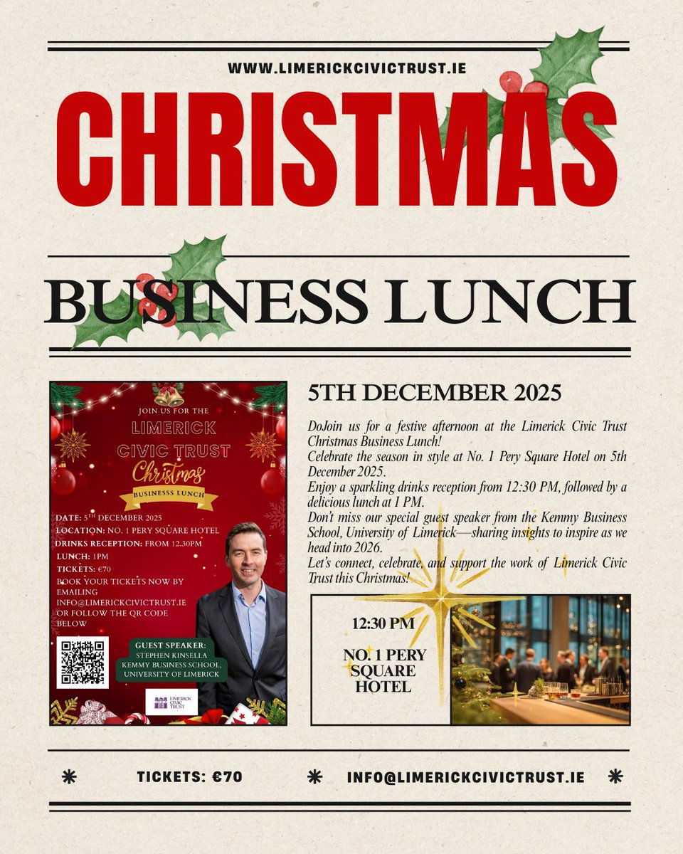 🎄 Join us for the Limerick Civic Trust Christmas Business Lunch!
📍 No. 1 Pery Square
📅 5 Dec 2025
🥂 Drinks 12:30 | 🍽 Lunch 1 PM
🎟 €70 — Book now: donate.stripe.com/4gwg019jDevm35…
Special guest from @UL_KBS sharing insights for 2026
Let’s celebrate &amp; support Limerick Civic Trust!