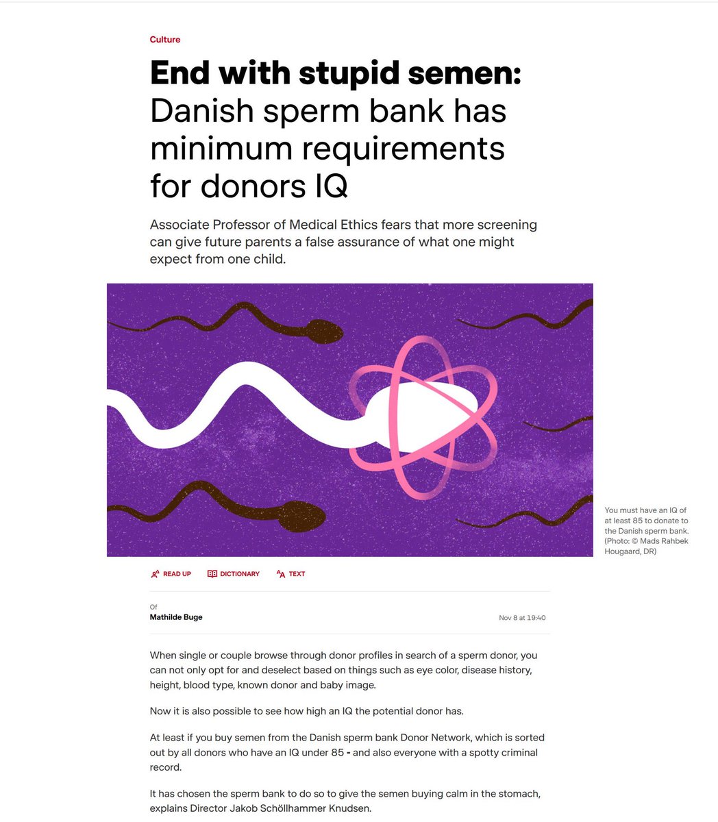 iamyesyouareno's tweet image. A Danish sperm bank has decided to start IQ tests for donors and to ban people with an IQ below 85, effectively excluding 99% of the third world.

Very based.