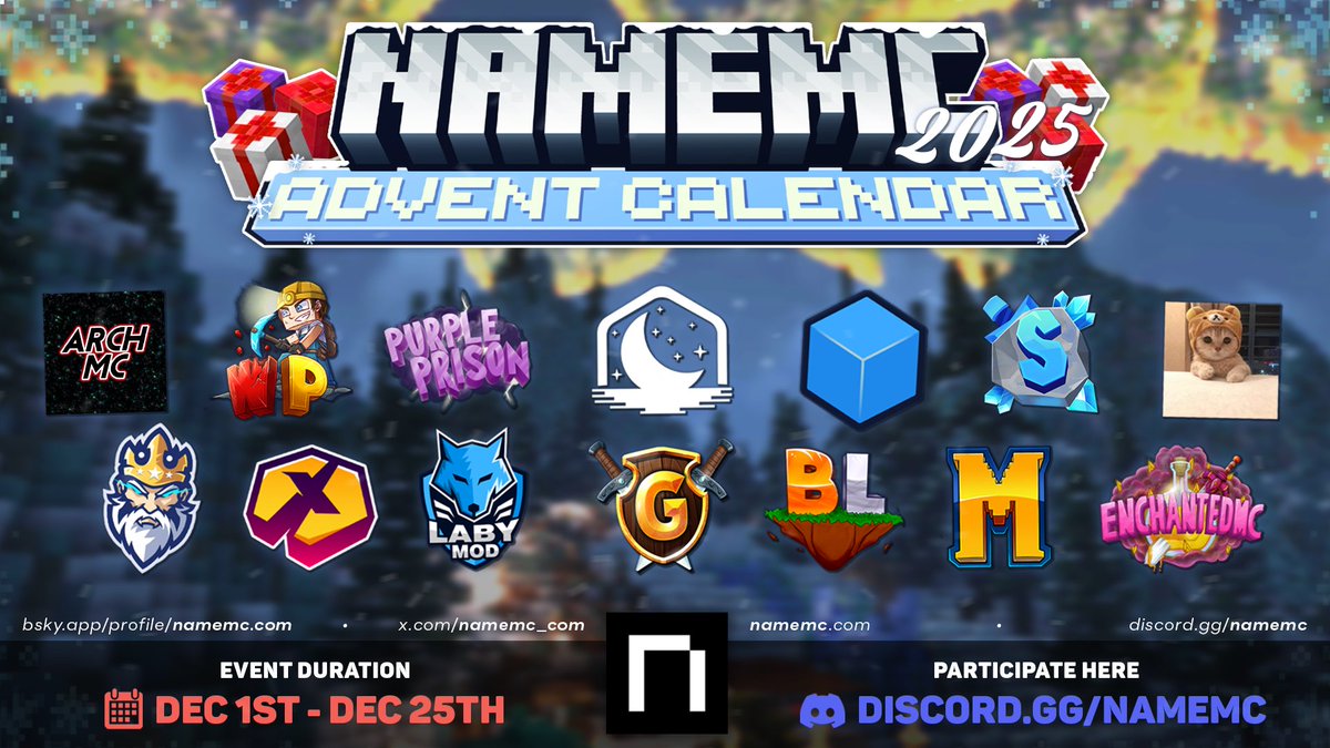 namemc_com's tweet image. 🎄 The NameMC 2025 Advent Calendar has begun! 🎁

Join us all month long for daily giveaways, festive surprises, and community events.
Everything is happening on our Discord. Don’t miss out!

discord.gg/NameMC

Come celebrate the season with us! ❄️✨