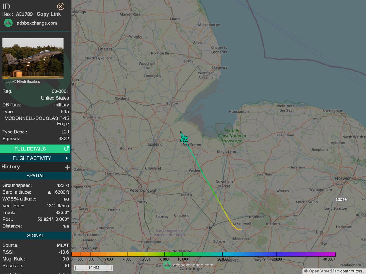 IntelskyB's tweet image. ✈️ Aircraft Info:
Country: 🇺🇸 United States
Type: F15 - MCDONNELL-DOUGLAS F-15 Eagle
Hex: AE1789
Reg: 00-3001
Callsign: N/A
Location: 🇬🇧 Lincolnshire - United Kingdom

🔴 Live tracking:
global.adsbexchange.com/?icao=AE1789