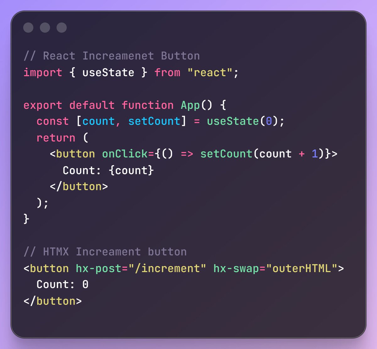 AnkitMohanta080's tweet image. React is powerful… but sometimes HTMX feels illegally simple. Let’s compare the SAME feature in both.

React → imports, state, component lifecycle
HTMX → single HTML attribute

Be honest — which one feels more human to write?
#React #WebDev #htmlfundamentals #programmingquiz