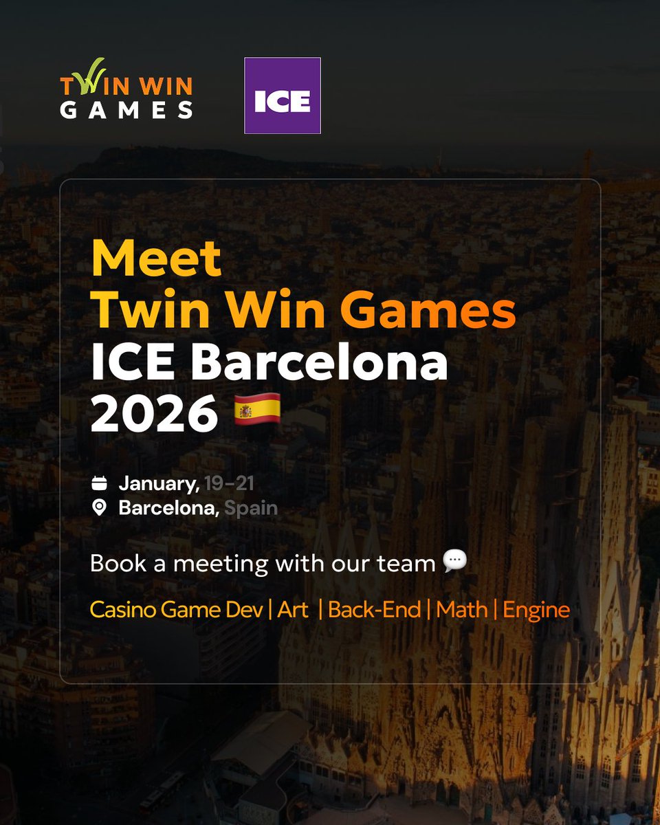 twin_win_games's tweet photo. TWG attends ICE Barcelona 2026. We specialize in fixing slot production problems.

Book your private meeting with our team now.
📥 info@twinwingames.com or DM.

#ICEBarcelona2026 #iGaming #SlotDevelopment #CasinoGames #GameDev #Outsourcing https://t.co/hxMeCmF3EG