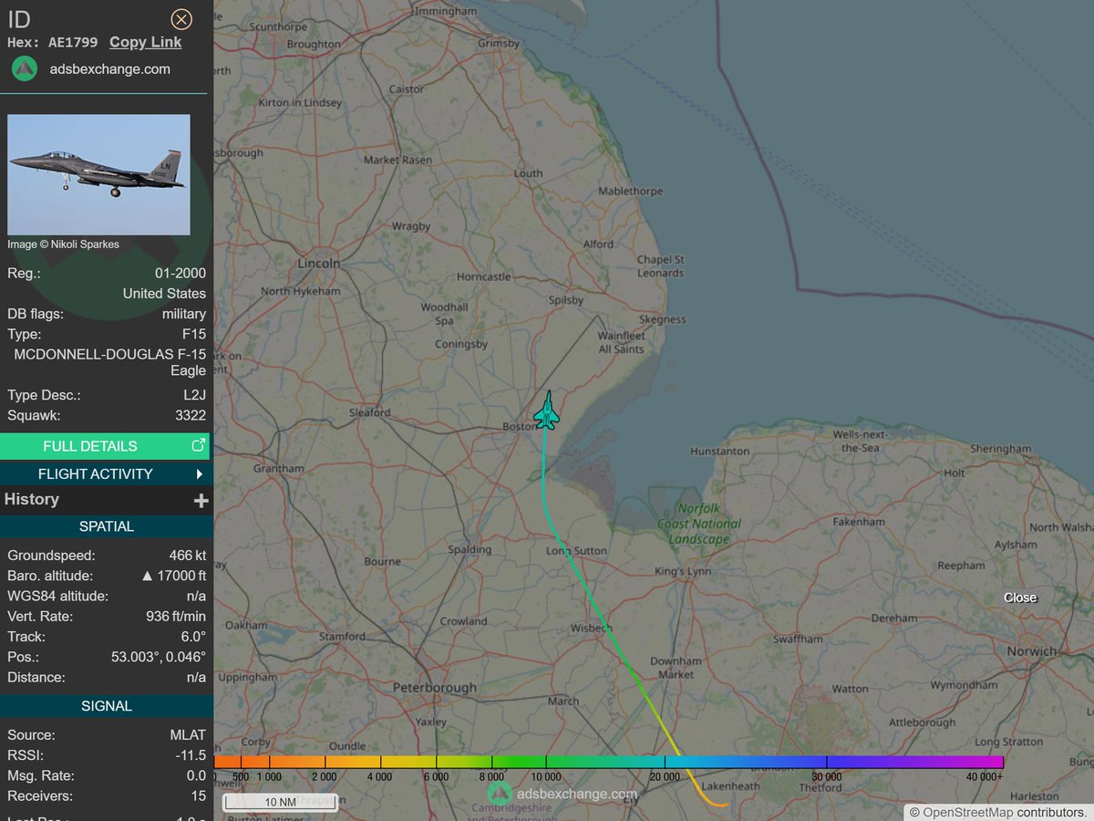 IntelskyB's tweet image. ✈️ Aircraft Info:
Country: 🇺🇸 United States
Type: F15 - MCDONNELL-DOUGLAS F-15 Eagle
Hex: AE1799
Reg: 01-2000
Callsign: N/A
Location: 🇬🇧 Lincolnshire - United Kingdom

🔴 Live tracking:
global.adsbexchange.com/?icao=AE1799