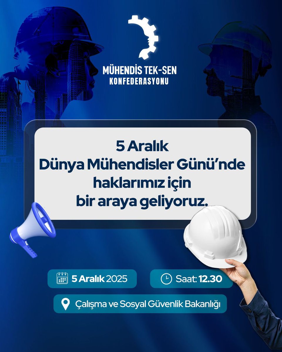 MuhTekSen_Konf's tweet photo. 📢5 Aralık Dünya Mühendisler Günü’nde haklarımız için bir araya geliyoruz. Kamu mühendisleri, mimarlar, şehir plancıları ve teknik hizmetler sınıfı olarak, yıllardır süren gelir adaletsizliğine, düşük maaşlara ve emeklilikte yaşanan büyük kayıplara karşı sesimizi yükseltiyoruz.

📆 Tarih: 5 Aralık Dünya Mühendisler Günü
⏰ Saat: 12.30
📍 Yer: Çalışma ve Sosyal Güvenlik Bakanlığı önü

Bu özel ve anlamlı günde, maaşlarımızda ve emeklilik sisteminde adil bir düzenleme yapılması talebimizi bir kez daha kararlılıkla dile getireceğiz.

Mühendisliğin değerini bilen, emeğinin karşılığını almak isteyen tüm meslektaşlarımızı basın açıklamamıza davet ediyoruz.

#MühendisTekSenKonfederasyonu #5AralıkDünyaMühendislerGünü

@MuhTekSen_Konf
@MuhTekBuro
@MuhTekTrmOrmn
@MuhTekSenSagSos
@MuhTekYerelYntm
@MuhTekSenUlasim
@muhteksenkultur
@MuhTekBayindir
@KaMuhEnerjiSen
@kaMUhendisleri
