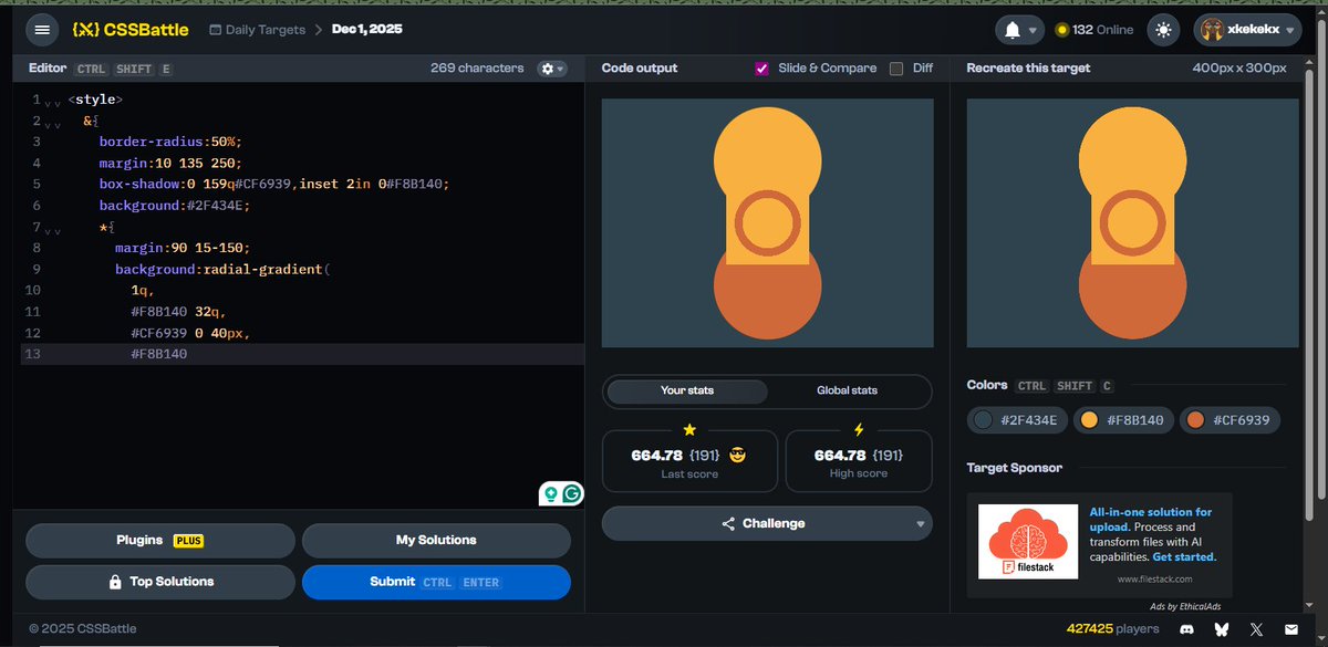 XKEKEKX's tweet image. ⚔️} Day 121 of #CSSBattleDaily streak: Dec 1  — 664.78 score / 191 chars cssbattle.dev/play/5COJ97sQE… via @css_battle

Not much of a change on the body, but I used box-shadow(🤍🖤) on the html - instead of gradients