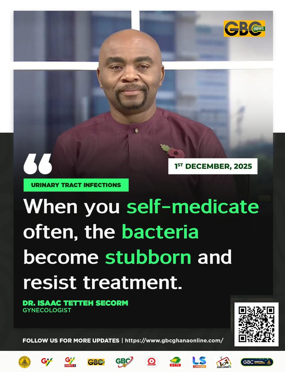 gbcnews_'s tweet image. URINARY TRACT INFECTION

When you self-medicate often, the bacteria become stubborn and resist treatment 

Dr. Isaac Tetteh Secorm, Gynecologist 

#gbcnews