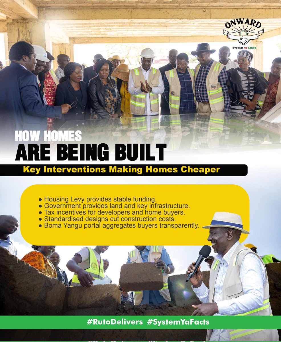 Tax incentives, standardised home designs, and government-provided land make construction cheaper. #AffordableHousingPlan reduces unit costs nationwide. Boma Yangu keeps allocation transparent, preventing corruption and ensuring equal access to housing.