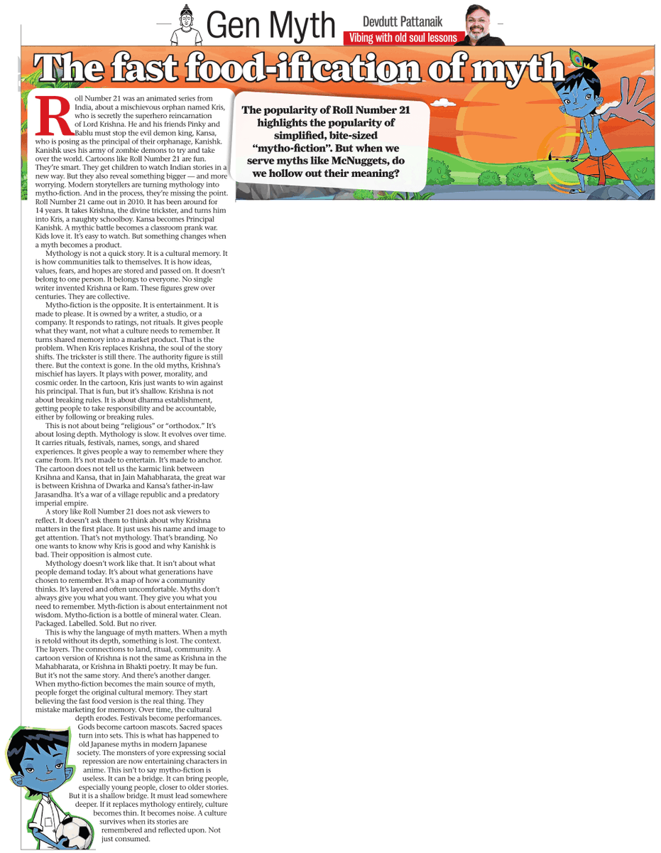 devduttmyth's tweet image. The popularity of Roll Number 21 highlights the popularity of simplified, bite-sized “mytho-fiction”. But when we serve myths like McNuggets, do we hollow out their meaning?

Read more ...