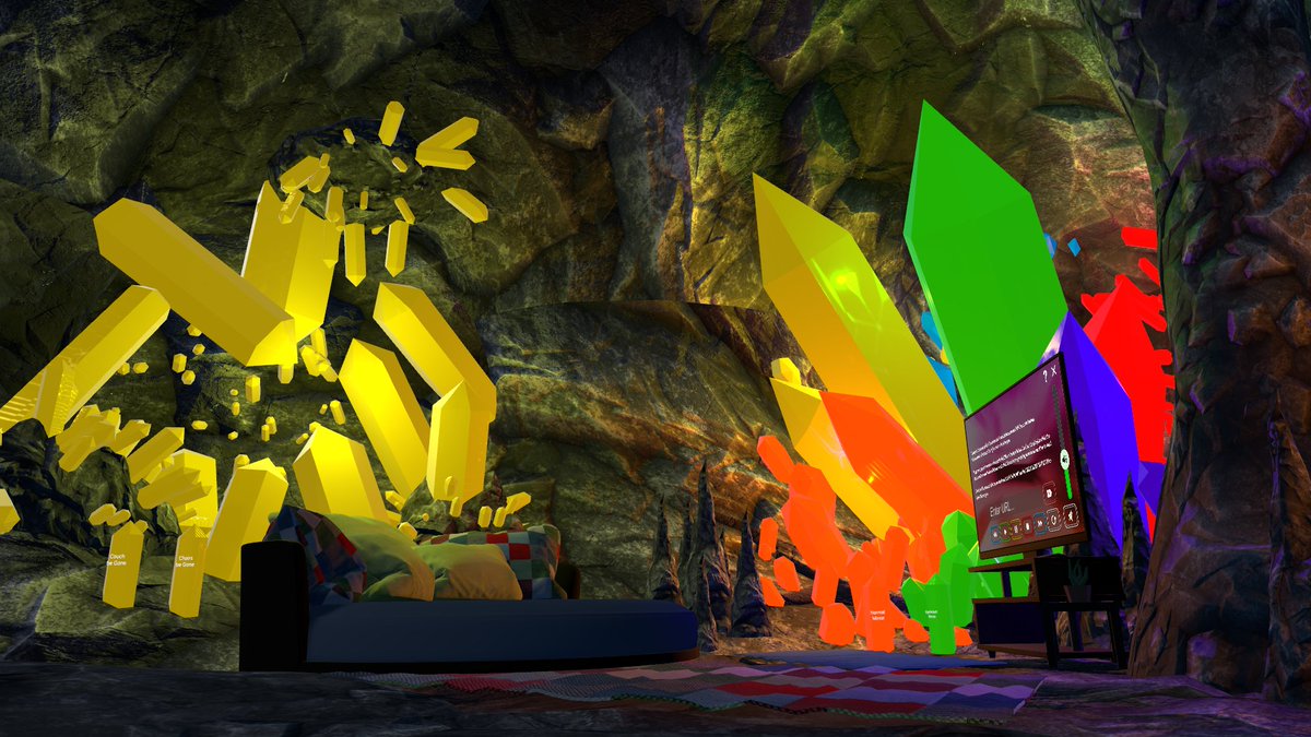 iversno's tweet image. 【Crystal cave】
#ROOMワールド
洞窟と色とりどりのクリスタルが印象的なお部屋。
居住スペースは比較的狭いですが、ベッドとモニタがあるので、ひとまず十分かもしれません。
PC周りが７色に光っているような方にもおすすめ。
#VRChat_world紹介 #VRChatワールド紹介