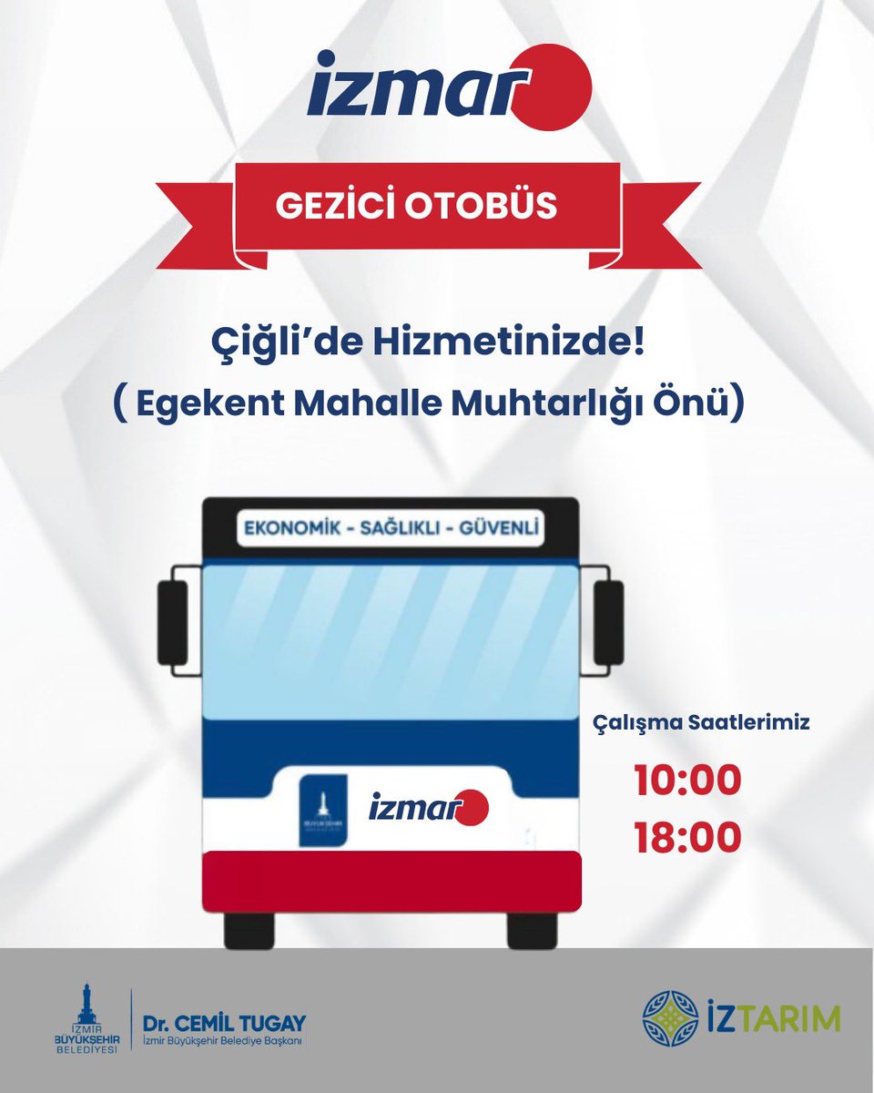 Gezici Otobüs Çiğli Egekent’de! 

🗓️1 Aralık Pazartesi (Bugün)’den itibaren
📍Egekent Mahalle Muhtarlığı Önü 
⏰ 10:00 - 18:00 (Pazar günü kapalıyız.)