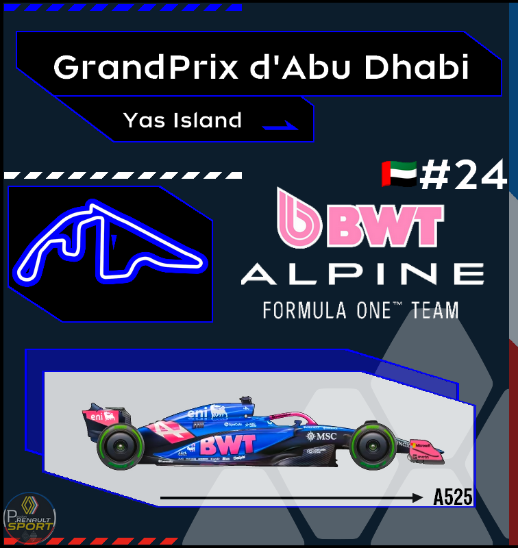 🇦🇪 GrandPrix d'Abu Dhabi
05 au 07 Décembre 2025

🟦ALPINE F1🟦

#AbuDhabiGP | #Alpine | #Renault | #F1 | #RaceWeek
<a href="/AlpineF1Team/">BWT Alpine Formula One Team</a> | <a href="/AlpineRacing/">Alpine Racing</a>