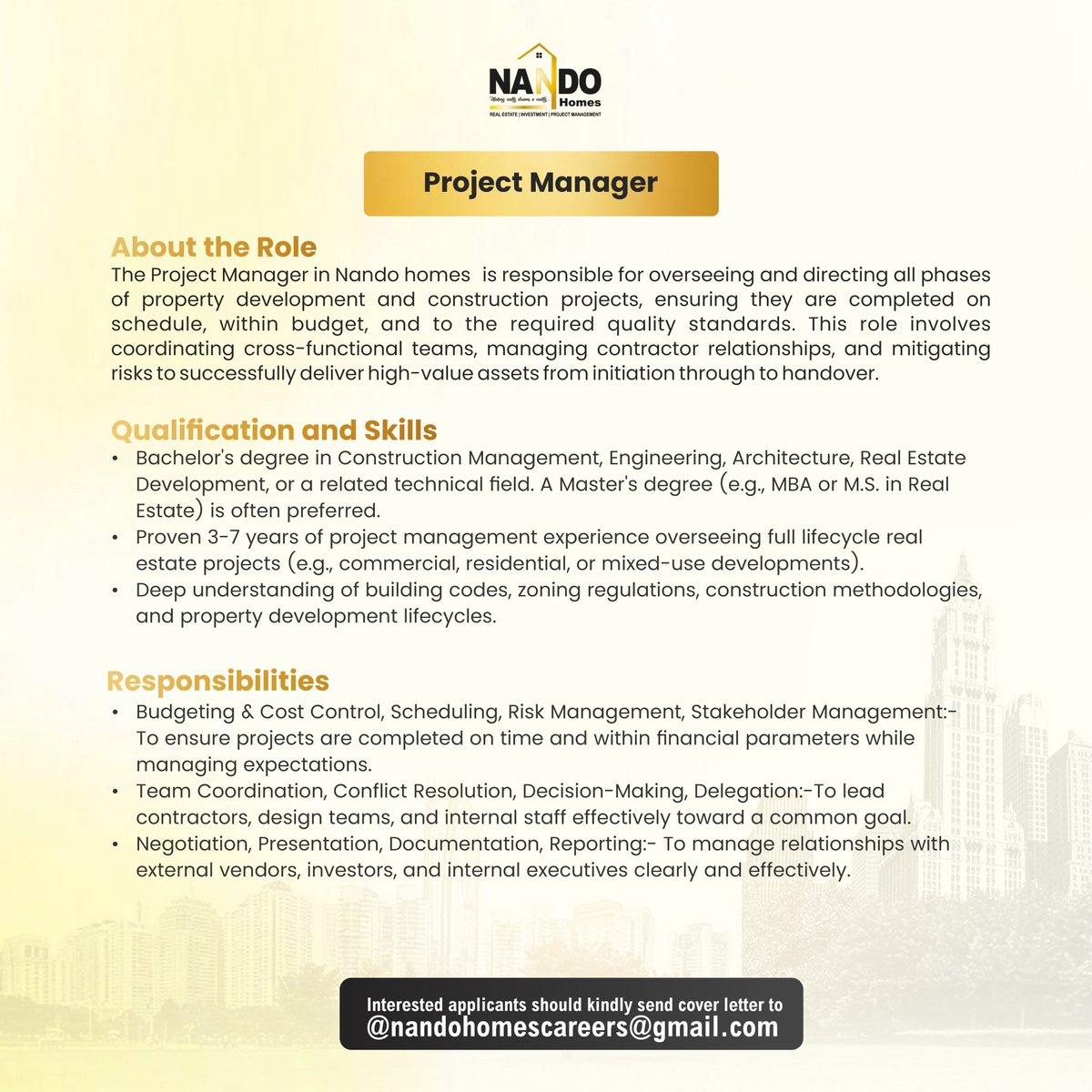 JobBusStop's tweet image. Hiring: Project Manager

Location: Abuja

See flyer for More Details.
Send Application to nandohomescareers@gmail.com