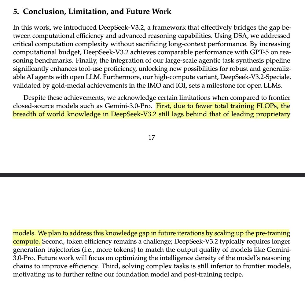 teortaxesTex's tweet image. enough preamble. The most important part in every Whale paper, as I&apos;ve said so many times over these years, is “Conclusion, Limitation, and Future Work”. 
They say: Frontier has no knowledge advantage. Compute is the only serious differentiator left. Time to get more GPUs.