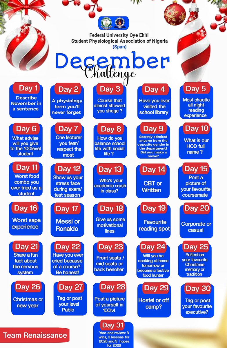 SpanFuoye's tweet image. *🎄DECEMBER CHALLENGE🎄*  
It’s the last lap of the year! 31 days of vibes, growth, and celebration.  
This December, *Span Press Team* brings you fun, reflection, and community spirit! 💚❄️

Let’s close the year strong — together! 

#DecemberChallenge  
#TeamRenaissance