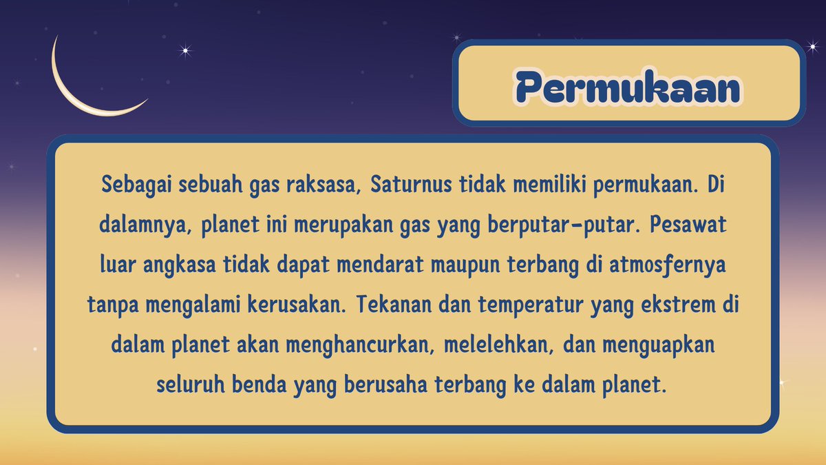 ProfsJeremius's tweet image. ㅤ
“Benar sekali jawaban dari @RechtsDelict. Waktu bagi Saturnus untuk satu kali rotasi pada porosnya.”

Lalu, ia kembali memunculkan materi. “Kalau tentang permukaan, sudah bisa membayangkan dong kalau planet gas raksasa ini tidak memiliki permukaan yang bisa &apos;dihinggapi&apos;?”
ㅤ