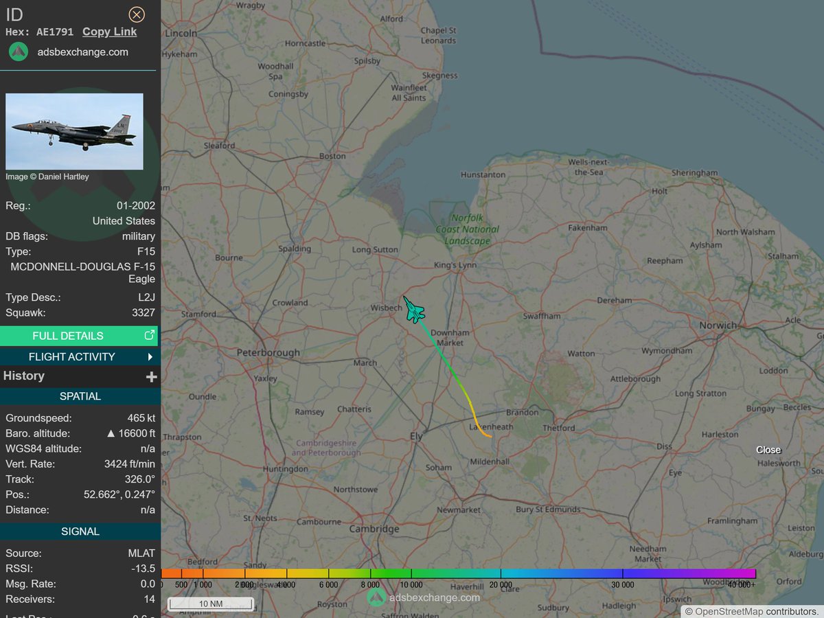 IntelskyB's tweet image. ✈️ Aircraft Info:
Country: 🇺🇸 United States
Type: F15 - MCDONNELL-DOUGLAS F-15 Eagle
Hex: AE1791
Reg: 01-2002
Callsign: N/A
Location: 🇬🇧 Norfolk - United Kingdom

🔴 Live tracking:
global.adsbexchange.com/?icao=AE1791
