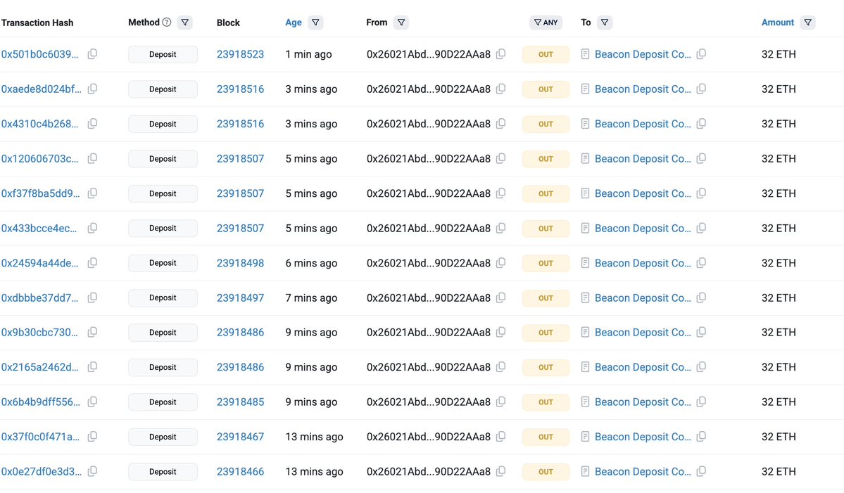 Beacon Deposit Contract로의 최근 ETH 스테이킹 거래 스크린샷