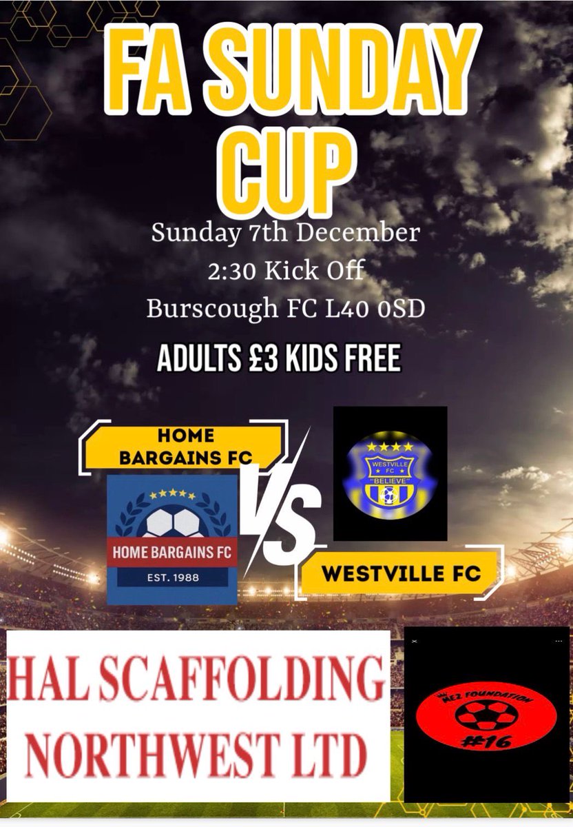 This week it’s back to <a href="/FASunday_Cup/">FA Sunday Cup</a> action for us as we take on <a href="/westvillefc/">Westville FC</a> at <a href="/BurscoughFC1946/">Burscough FC</a>. Get down and support the lads as we look to progress to the last 16