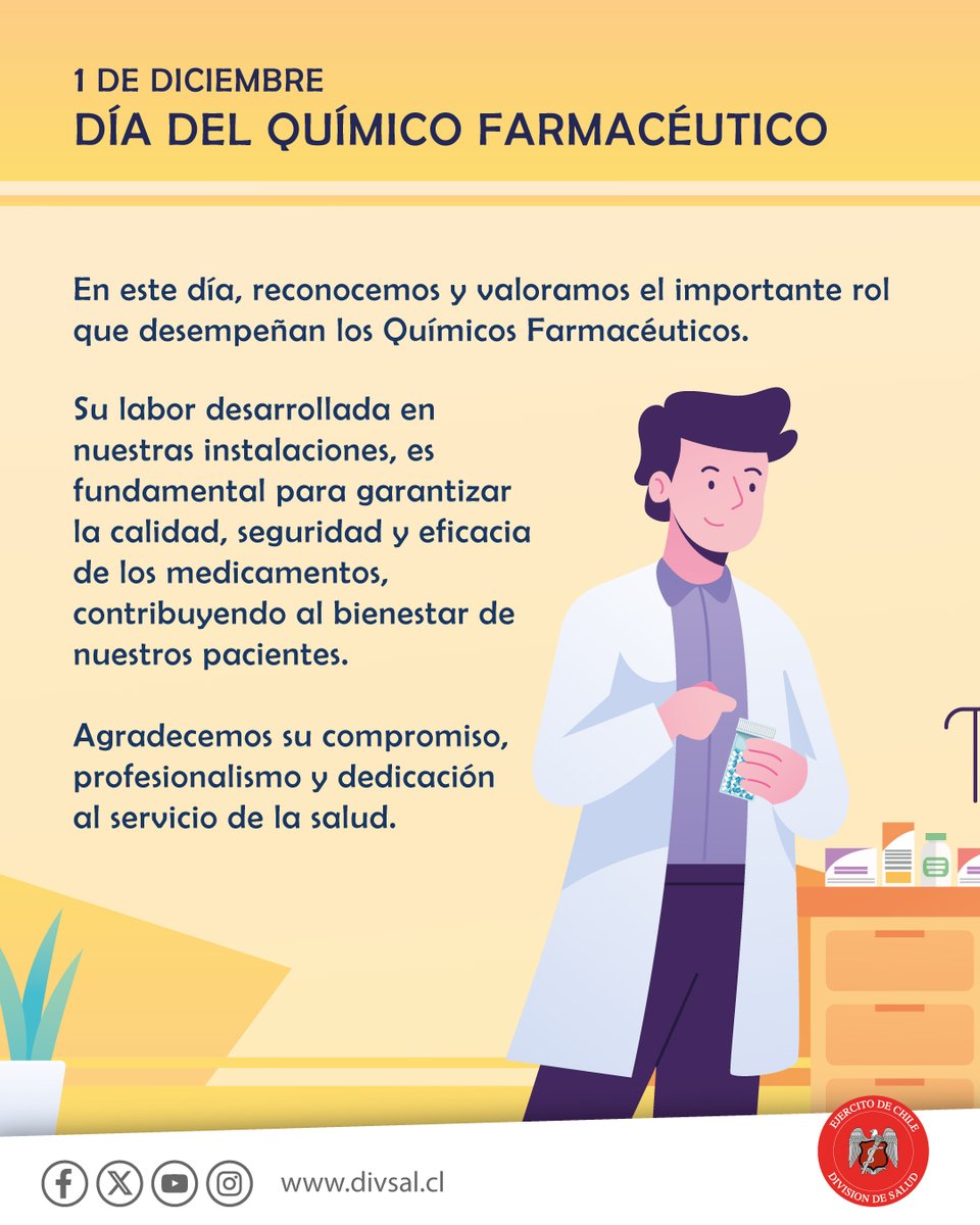 DivisionDeSalud's tweet image. DÍA DEL QUÍMICO FARMACÉUTICO

Saludamos a todos estos profesionales que garantizan la seguridad y calidad de los medicamentos, siempre al servicio de nuestros pacientes.
#ejercitodechile #diadelquimicofarmaceutico