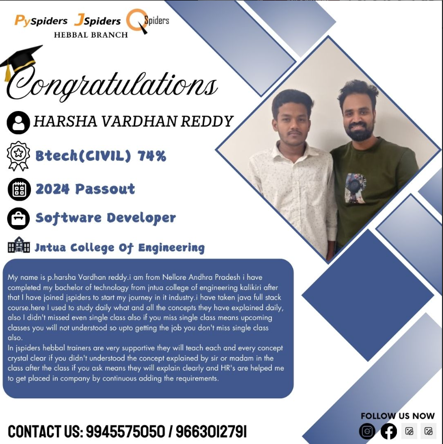 QspidersHebbal's tweet photo. 🎉✨ Congratulations! ✨🎉
From Civil Engineering to Software Developer 🚀

👏 HARSHA VARDHAN REDDY
https://t.co/Wf160sWGRN (Civil) – 74% | 2024 Passout
📚 JNTUA College of Engineering
#PlacementNo1 #CivilToSoftware #SuccessStory #Congratulations https://t.co/T0wJlr7QGX
