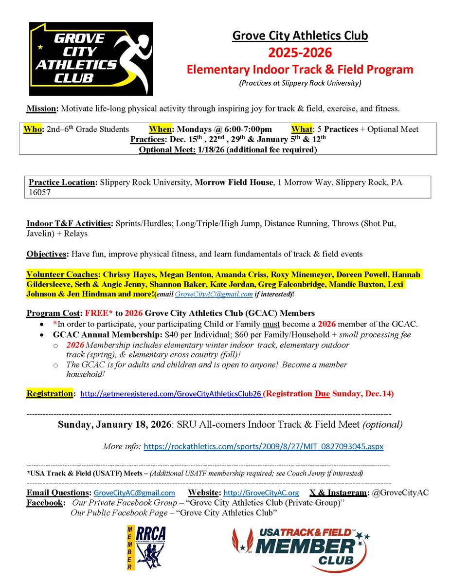grovecityac's tweet photo. 2025-26 Grove City Athletics Club
Elementary (grades 2-6)
Indoor Track &amp; Field at Slippery Rock University

🎽📷🏆🦾🏃‍♀️🏃‍♂️
**this is the only elementary indoor track &amp; field program in the tri-state area!!

Registration here (no separate track registration):
https://t.co/eis6zTF7rP https://t.co/ea5hLDhVSq