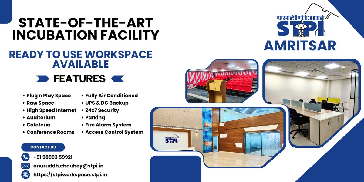 STPIAmritsar's tweet image. The state-of-the-art incubation facility @STPIAmritsar offers Raw &amp;amp; plug-n-play space, serving as a catalyst by delivering affordable services to #Startups and IT/ITes industries.
To know more visit stpiworkspace.stpi.in #GrowWithSTPI
@arvindtw
@Shail2108
@stpiindia
@STPIMohali