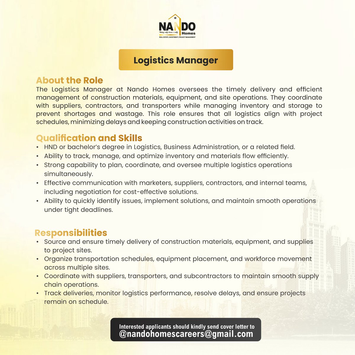 JobBusStop's tweet image. Hiring: Logistics Manager

Location: Abuja

See flyer for More Details.
Send Application to nandohomescareers@gmail.com