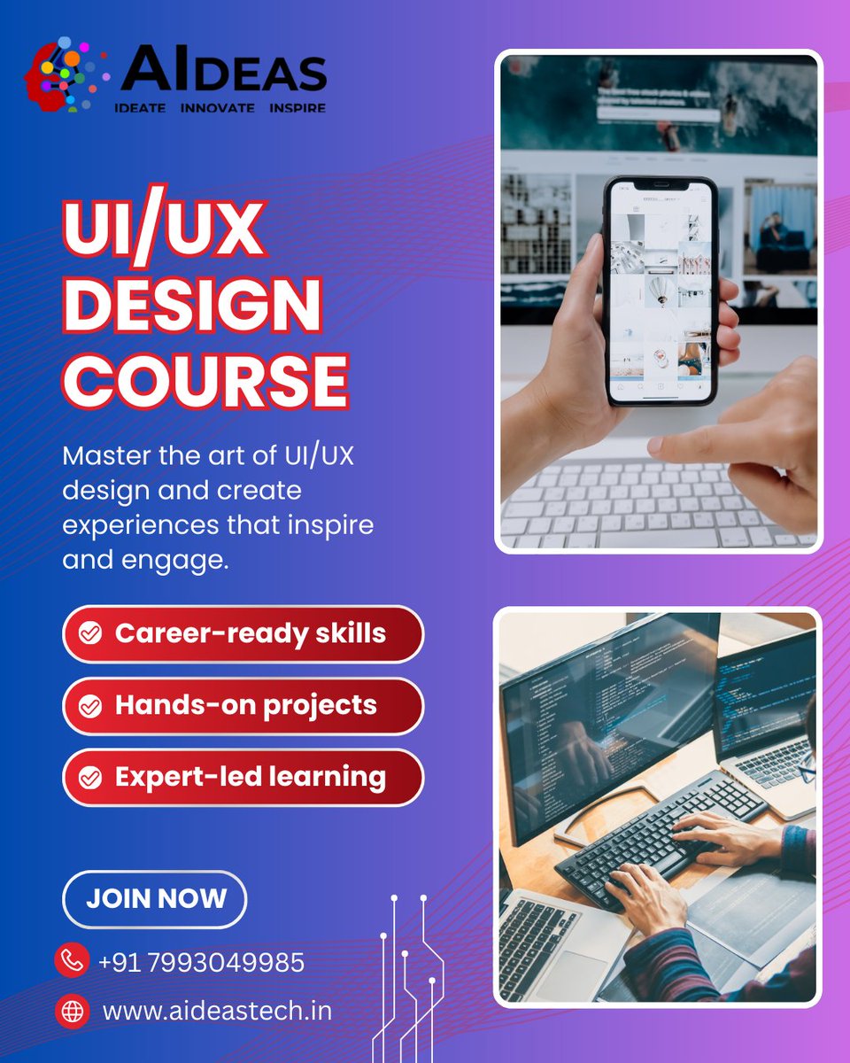 Aideasacademy's tweet photo. Become a professional UI/UX Designer with AIdeas Academy and learn how to build modern, user-friendly, intuitive digital experiences that stand out in today’s tech world. 
📍 Hyderabad
📞 Contact: +91 7993049985 
#UIUXDesignCourse #HyderabadTraining #AideasAcademy #DesignCareer https://t.co/gBIaRWBrOW