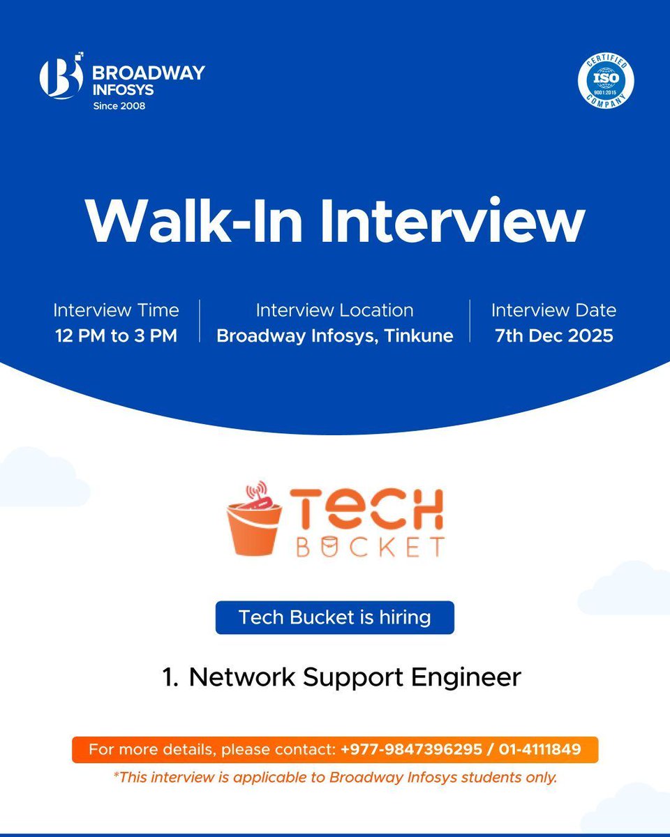 broadwayinfosys's tweet image. We&apos;re looking for a driven individual to join the team!
Please fill out the registration form: buff.ly/YqhKNHe

We&apos;re hosting a Walk-in Interview with our placement partner: Tech Bucket Pvt. Ltd.
Position: Network Support Engineer

#WalkinInterview #BroadwayInfosys