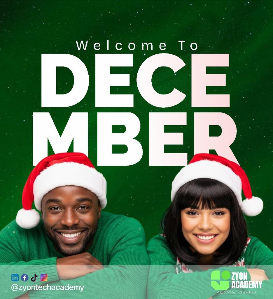 zyontechacademy's tweet photo. Happy New Month! 🎉 Grateful for everyone who has connected with Zyon Tech Academy this year. Let’s close 2025 strong more learning, more growth! 💚
 #ZyonTechAcademy #HappyNewMonth #DecemberMood #TechCommunity #Growth https://t.co/IjEj34zQLP
