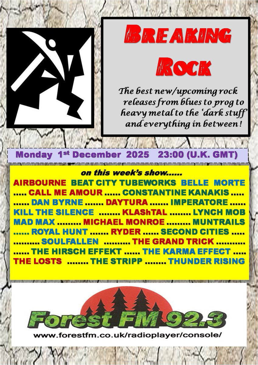 Announced! <a href="/pjbreakingrock/">Breaking Rockshow</a> #radioshow <a href="/ForestFMRadio/">ForestFM</a> today 11pm (UK) stream forestfm.co.uk/radioplayer/co… + <a href="/Airbourne/">Airbourne</a> <a href="/bellemortemusic/">Belle Morte</a> <a href="/CALLMEAMOUR/">CALL ME AMOUR</a> <a href="/ConstantineKan9/">Constantine Kanakis</a> <a href="/danbyrne_/">Dan Byrne</a> <a href="/KillTheSilence/">Kill The Silence</a> <a href="/michaelmonroe/">Michael Monroe</a> <a href="/royalhuntband/">ROYAL HUNT 🇩🇰</a> <a href="/TheGrandTrick/">The Grand Trick</a> <a href="/KarmaEffectUK/">The Karma Effect</a> <a href="/SecondCitiesUK/">Second Cities</a> + many more !