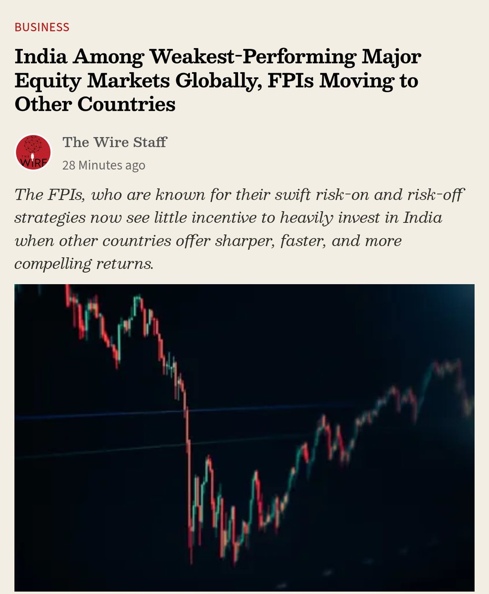 tanmoyofc's tweet photo. 💥 Modi's Economic Growth Hoax Explodes
𝐈𝐧𝐝𝐢𝐚 𝐂𝐫𝐮𝐬𝐡𝐞𝐝 𝐛𝐲 𝐆𝐥𝐨𝐛𝐚𝐥 𝐌𝐚𝐫𝐤𝐞𝐭𝐬 𝐚𝐬 𝐅𝐏𝐈𝐬 𝐁𝐚𝐢𝐥 𝐎𝐮𝐭!
While #NarendraModi Peddles His "World-beating" Growth Propaganda, Our Stock Markets are Tanking Globally.
Sensex limps at just 8.42% Year-On-Year Gains, While Powerhouses Crush It: South Korea (60%), Mexico (62.29%), Hong Kong (33.13%), Japan (31.53%), Spain (40.63%), UK (17.29%), Italy (29.75%), Brazil (26.58%), and even China (16.90%)!
FPIs have yanked $11 BILLION from India in 2024, flocking to these Winners like South Korea, Japan, China, Taiwan, Hong Kong, Mexico, Brazil, Saudi Arabia, and UAE.
Over 70% of Emerging Market Funds are UNDERWEIGHT on India, lagging the MSCI EM Index by 3%—and trailing by a Whopping 25% since 2011!
Modi's GDP Fairy Tales? BUSTED.
Time to Face the Facts: India's Economy is Bleeding Investors While the World Surges Ahead.
#GDPGrowth #RedAlert #ModiDisaterForIndia #ChennaiRain #Worldslargestmootcourt