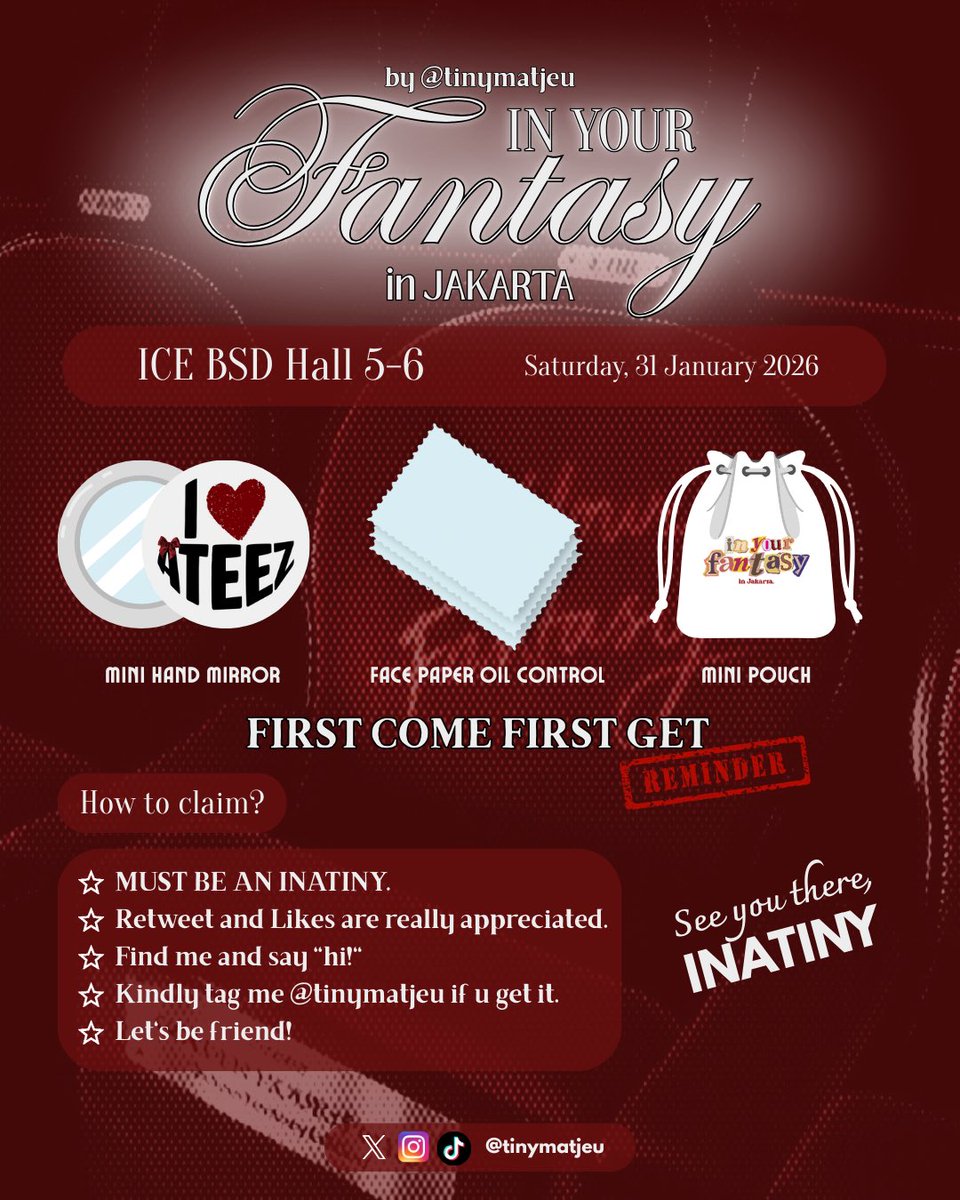 tinymatjeu's tweet image. ★ ATEEZ [ 𝐈𝐍 𝐘𝐎𝐔𝐑 𝓕𝓪𝓷𝓽𝓪𝓼𝔂 ] in Jakarta ★
₊˚· ७ — freebies by @tinymatjeu 

🗓️: Saturday, January 31st 2026.
@ ICE BSD Hall 5–6, Jakarta

Like &amp;amp;&amp;amp; RTs are really appreciated! 😼💖

See you there, INATINY.

#ATEEZinJakarta #InYourFantasy