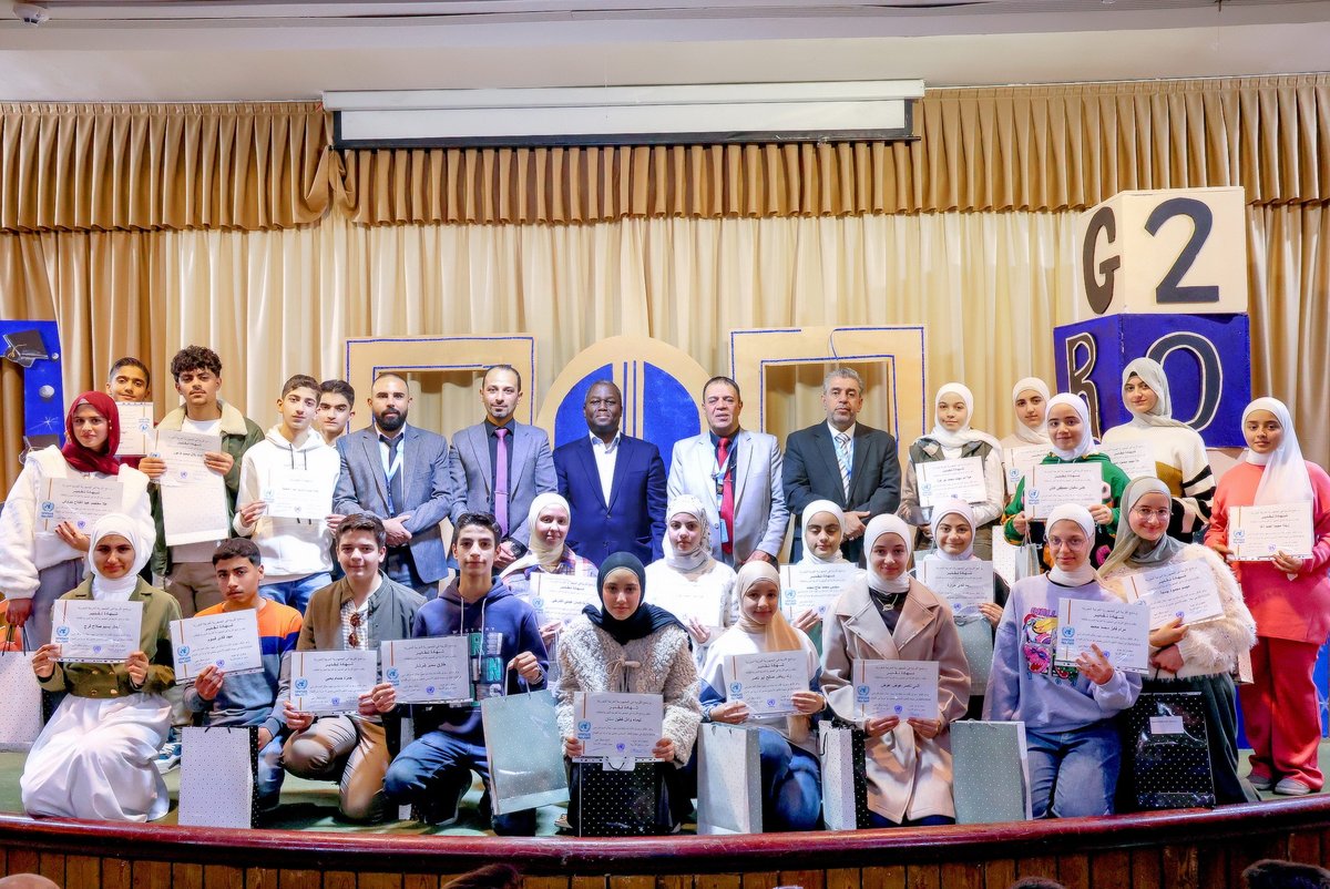 DUA_UNRWASyria's tweet photo. 🎓 A joyful day in Damascus celebrating 97 brilliant @UNRWA 9th grade high achievers, 66 girls and 31 boys, for the 2024–2025 school year! With a 71% pass rate, their dedication and success truly shine. Education transforms minds. Alf Mabrouk to all! #UNRWAwork #EducationMatters https://t.co/8HBdatSdr7