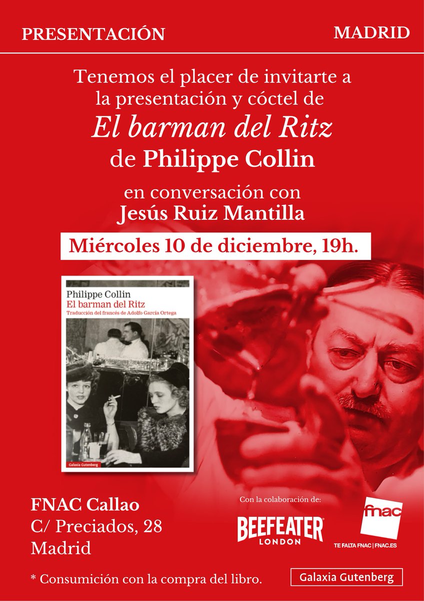 ¿Preparados para volver al París de Frank Meier? <a href="/Philco750062/">Philippe Collin</a>, autor de «El barman del Ritz» vuelve a España el 9 y 10 de diciembre con dos presentaciones en Madrid que no te puedes perder.