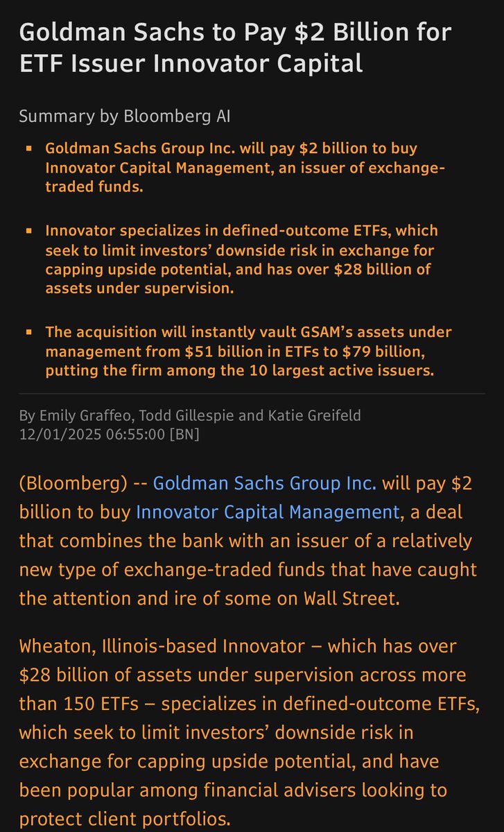 EricBalchunas's tweet image. HUGE: Goldman Sachs to acquire Innovator ETFs (the Buffer ETF people) for $2b. Wow. This product set has ‘only’ $28b but they all charge like 80bps = revenue machines (hard to find in Vgrd Era). This also gives Goldman a huge lift, they were eerily quiet since ex-JPM star Bryon…