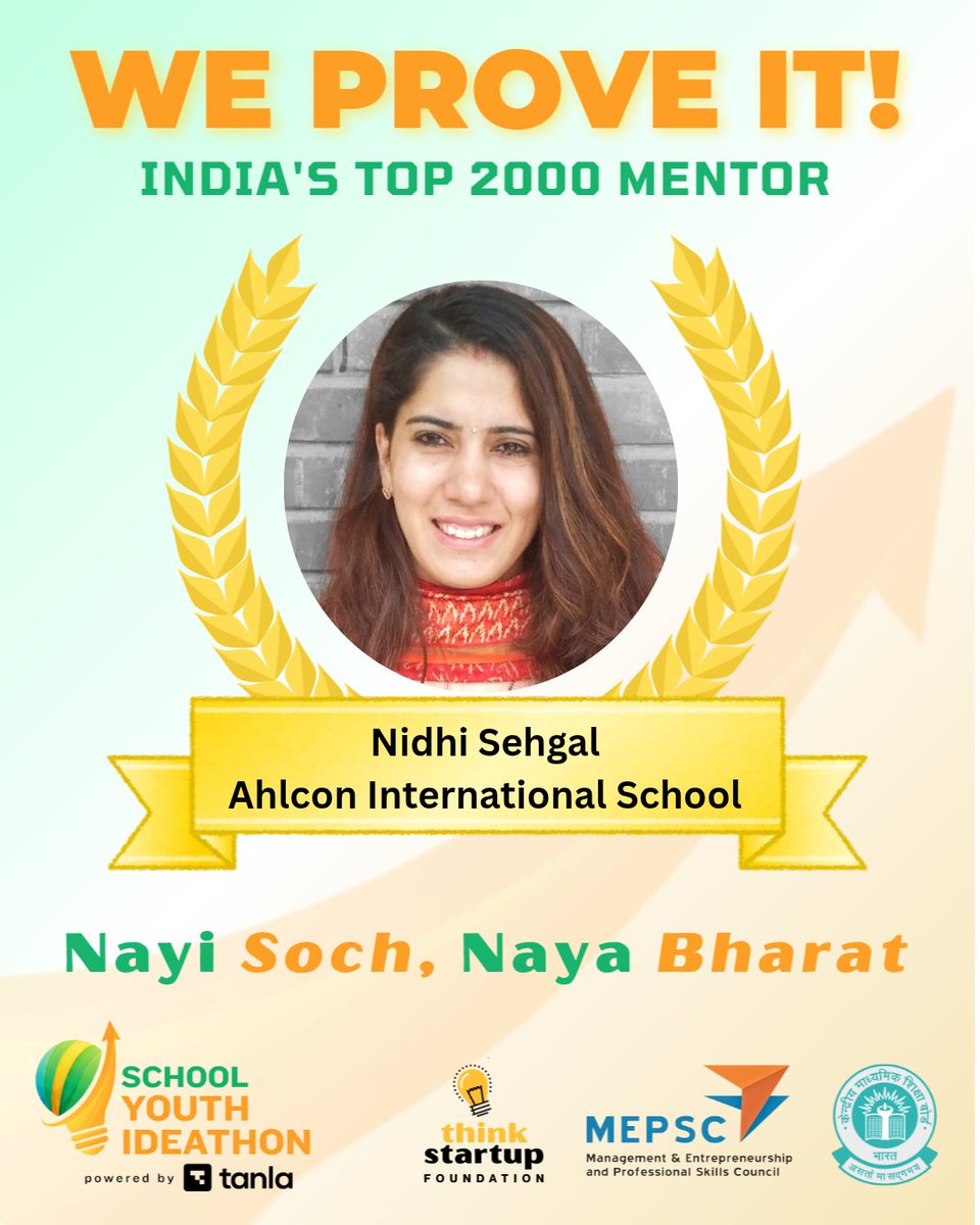 NidhiCh58935243's tweet photo. Honoured to be recognized as a Top 2000 Mentor in the School Youth Ideathon! 🌟
Proud to guide young innovators from Ahlcon International School on their journey of creativity and impact. #TopYouthIdeathonMentor
#SchoolYouthIdeathon2025
#SYI2025
#NayiSochNayaBharat
#ThinkStartup https://t.co/R90yhzkBgp