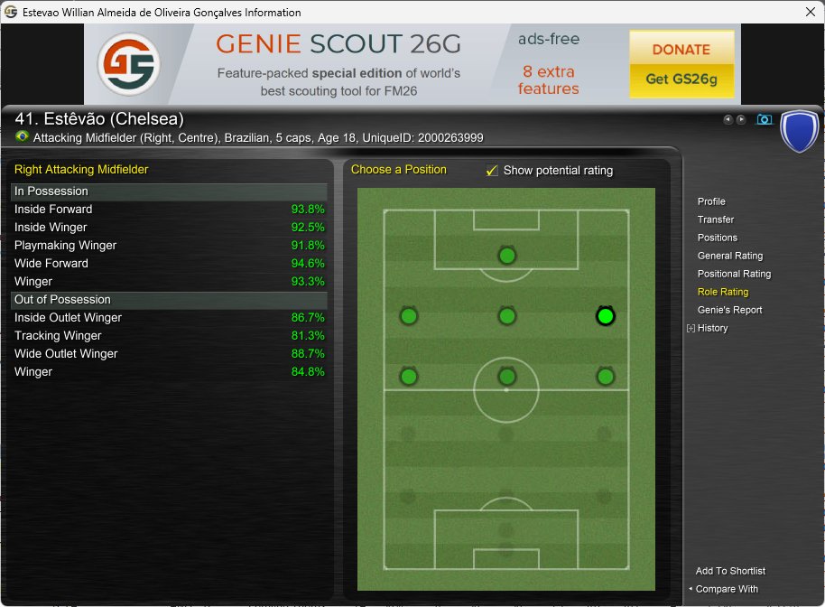 🚨 The much awaited Genie Scout 26 for Windows is now available for everyone.

🤩 You can now fully enjoy your #FM26 alongside your favorite scouting companion.

✅ Implemented FM26 role rating system (IP &amp; OOP).

#GS26 Free Download ⬇️
fmscout.com/a-fm-genie-sco…
