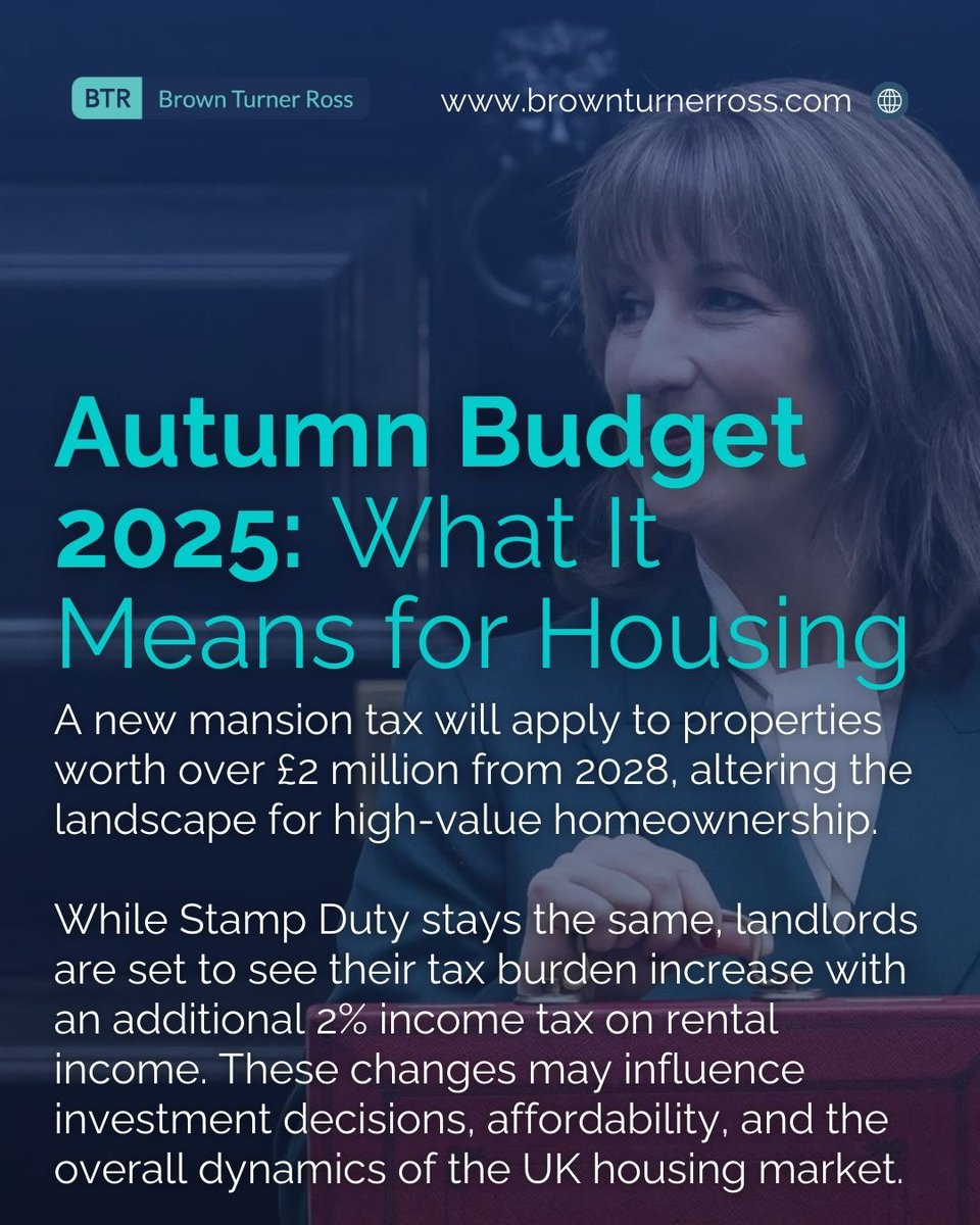 🏠 Autumn Budget 2025
The Budget brings major updates for the property sector, including:

• A new mansion tax for £2m+ homes (from 2028)
• No changes to Stamp Duty
• An extra 2% income tax on rental income for landlords

#BrownTurnerRoss #AutumnBudget2025 #PropertyLaw
