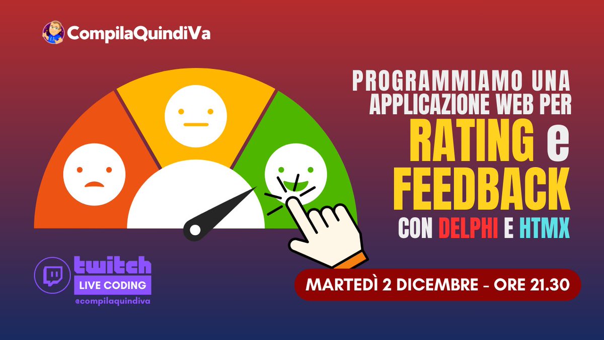 mbreveglieri's tweet image. Non mancate al prossimo live coding su #Twitch! 🧑‍💻 Creiamo assieme un piccolo sistema di #rating online con #Delphi e #HTMX! 💪 Appuntamento per martedì 2 dicembre ore 21:30 sul mio canale: twitch.tv/compilaquindiva. 👌 Come sempre, live aperta a tutti per chiacchierare assieme! 🤗
